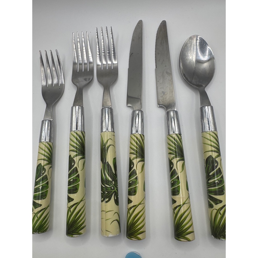 Cambridge Stainless Flatware Set 6pc Tropical Monstera Leaf Pattern Green Cream